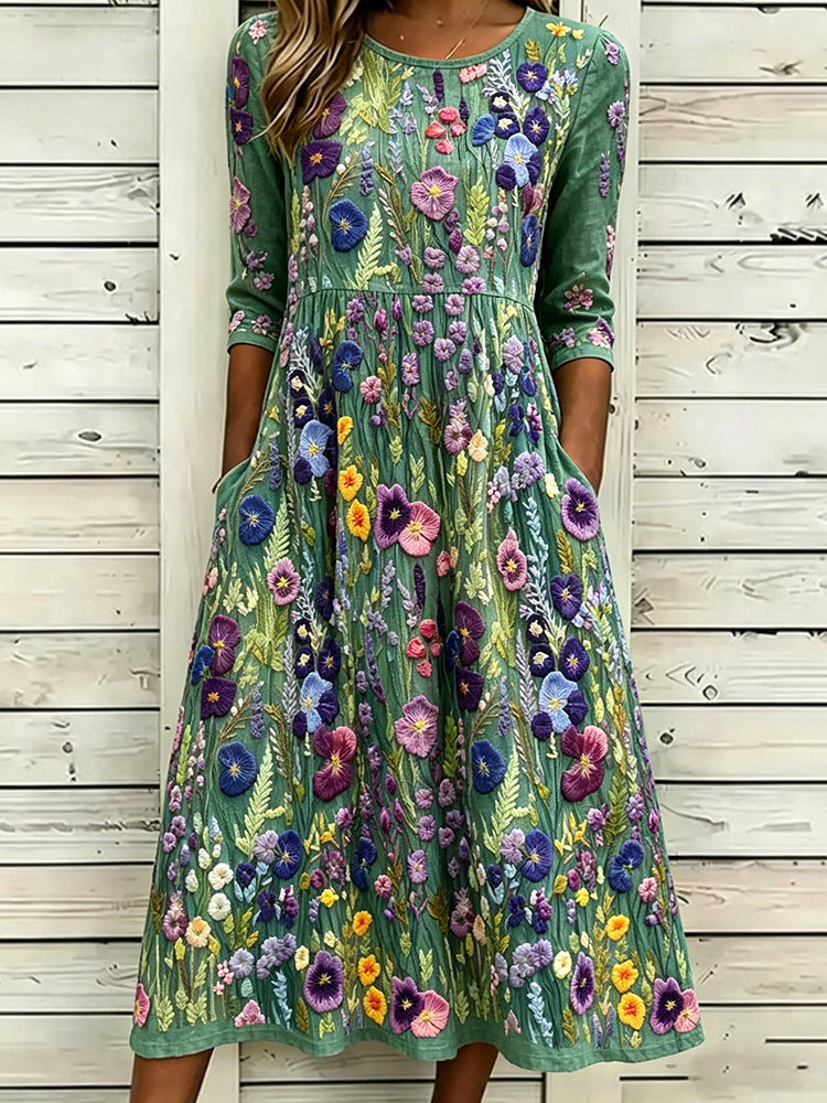 Cardydony Women's Elegant Violet Wildflower Embroidery Art Linen Maxi Dress