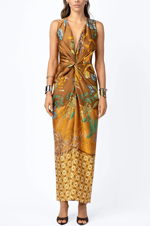 Cardydony Women's Naturally Inspired Satin Unique Floral Print Twist Waist Slit Drape Maxi Dress