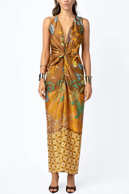 Cardydony Women's Naturally Inspired Satin Unique Floral Print Twist Waist Slit Drape Maxi Dress