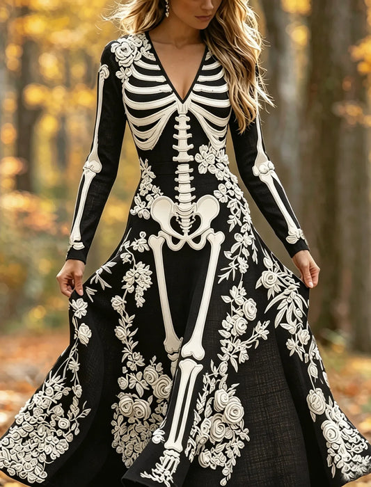 Cardydony Women's Vintage Halloween Skeleton Bones With White Rose Art Linen Blend Maxi Dresss