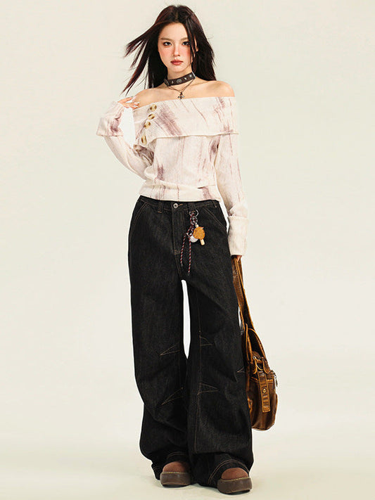 Cardydony Women's Timeless High-Waisted Black Wide-Leg Jeans with Unique Stitching
