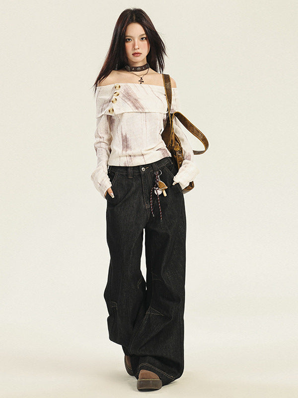 Cardydony Women's Timeless High-Waisted Black Wide-Leg Jeans with Unique Stitching