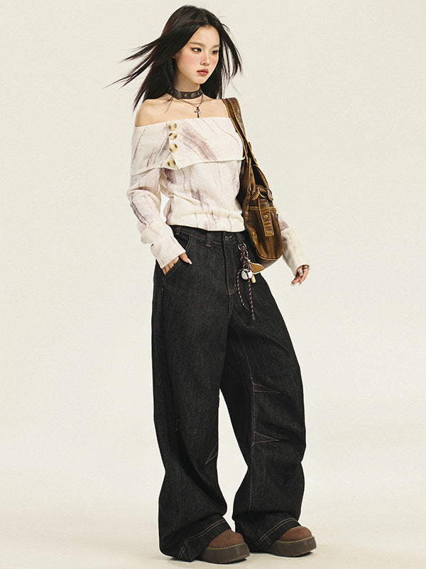 Cardydony Women's Timeless High-Waisted Black Wide-Leg Jeans with Unique Stitching