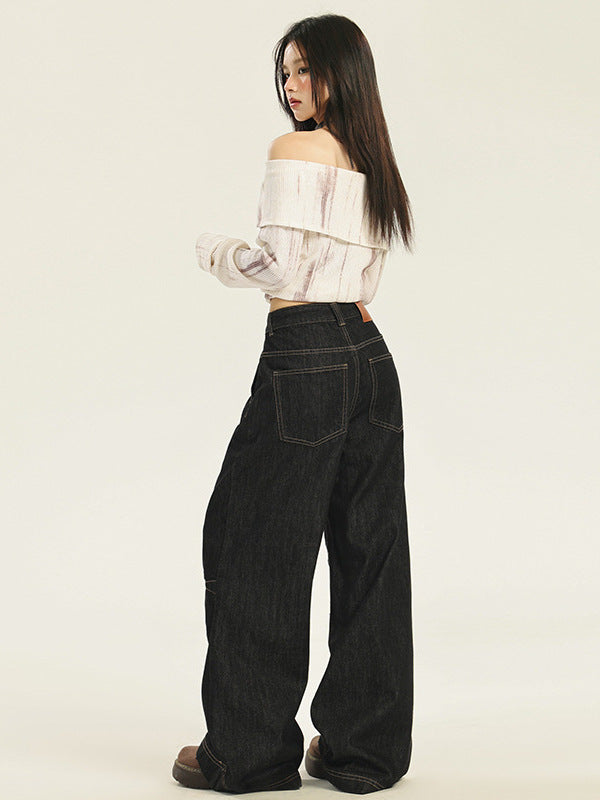 Cardydony Women's Timeless High-Waisted Black Wide-Leg Jeans with Unique Stitching