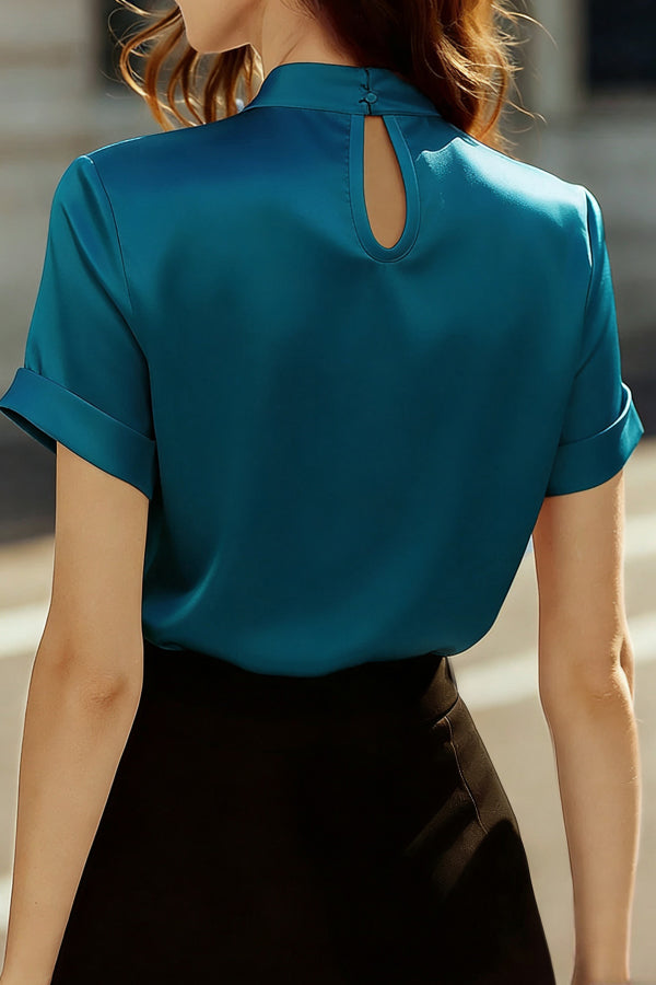 Cardydony Women's Solid Color Satin Openwork Casual Short-sleeved Shirt