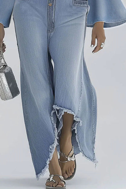 Cardydony Women's Stylish Bell Sleeves Single-breasted Casual Denim Jumpsuit