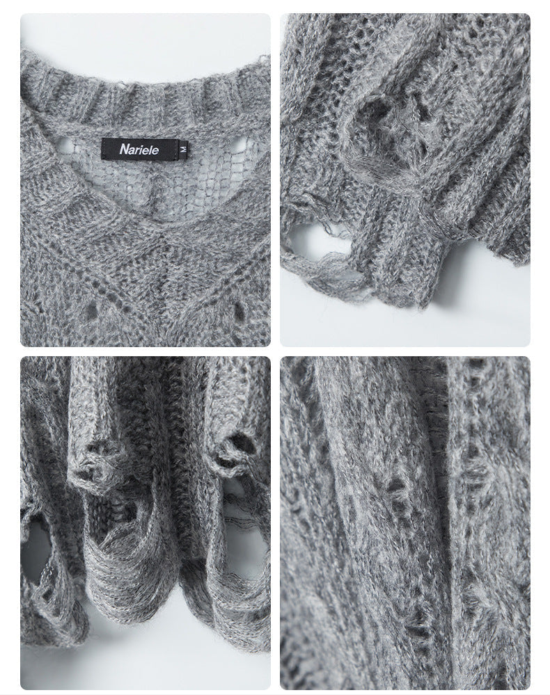 Cardydony Women's Oversized Cable Knit Sweater | Distressed V-Neck Pullover