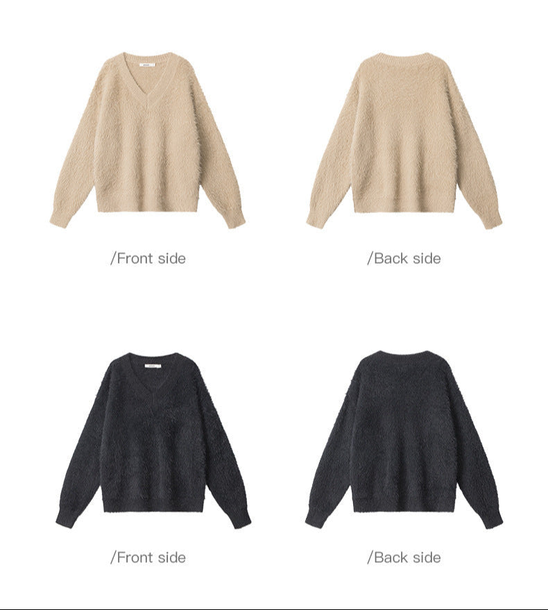 Cardydony Women's Fluffy V-Neck Sweater | Soft Fuzzy Winter Pullover