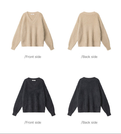 Cardydony Women's Fluffy V-Neck Sweater | Soft Fuzzy Winter Pullover
