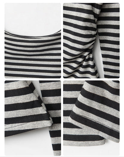 Cardydony Women's Off-Shoulder Striped Top | Cotton Long Sleeve Casual Tee
