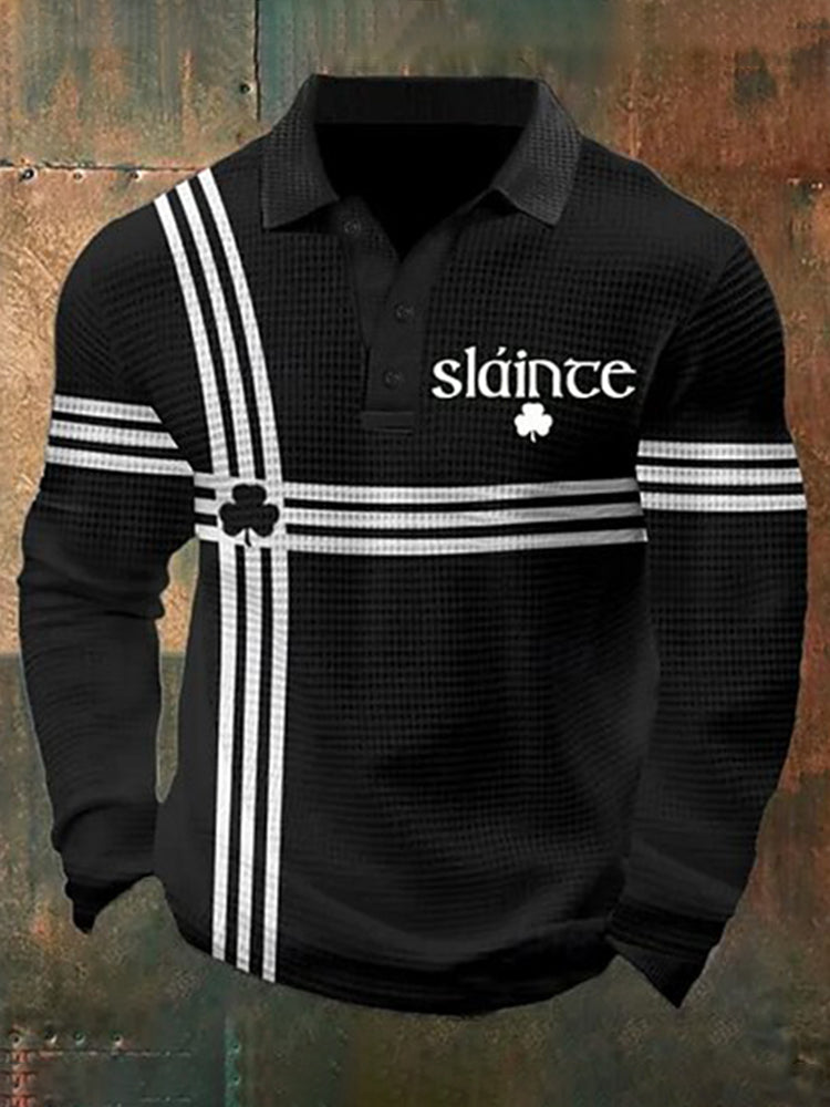 Cardydony Men's St Patrick's Day Shamrock Waffle Long Sleeve Polo Shirt