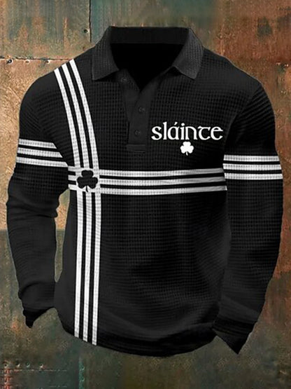 Cardydony Men's St Patrick's Day Shamrock Waffle Long Sleeve Polo Shirt