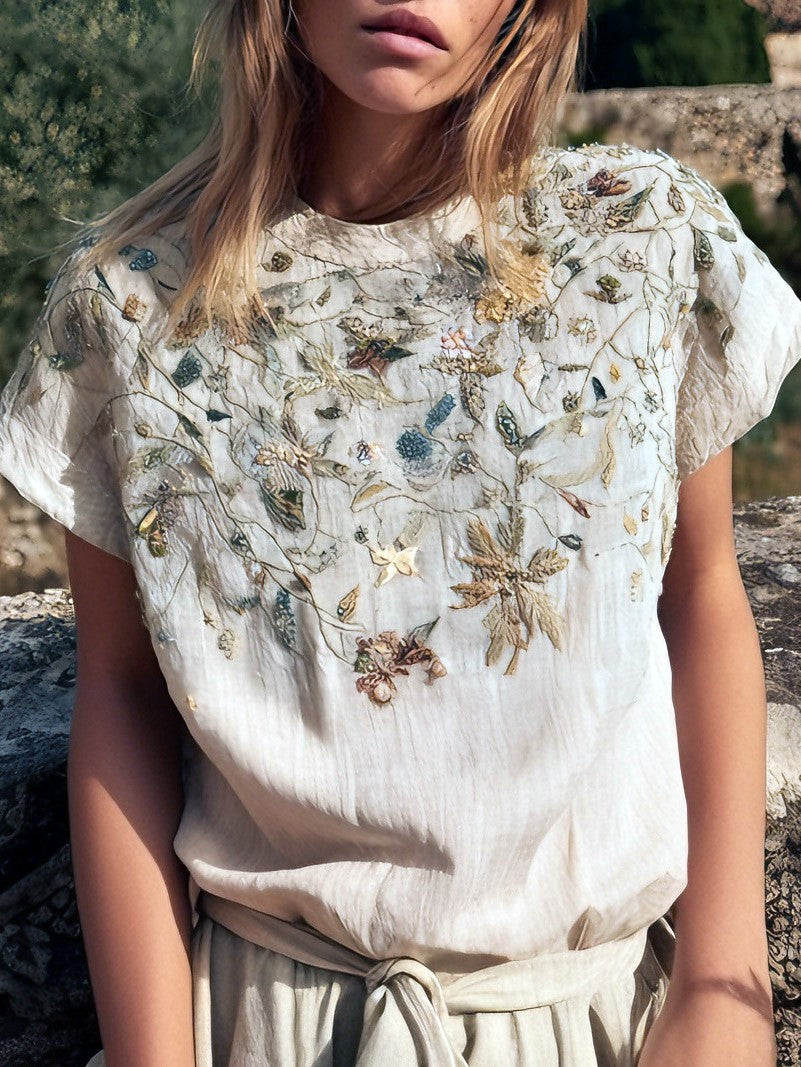 Cardydony Women's Retro Bohemian Style Floral Embroidered T-shirt
