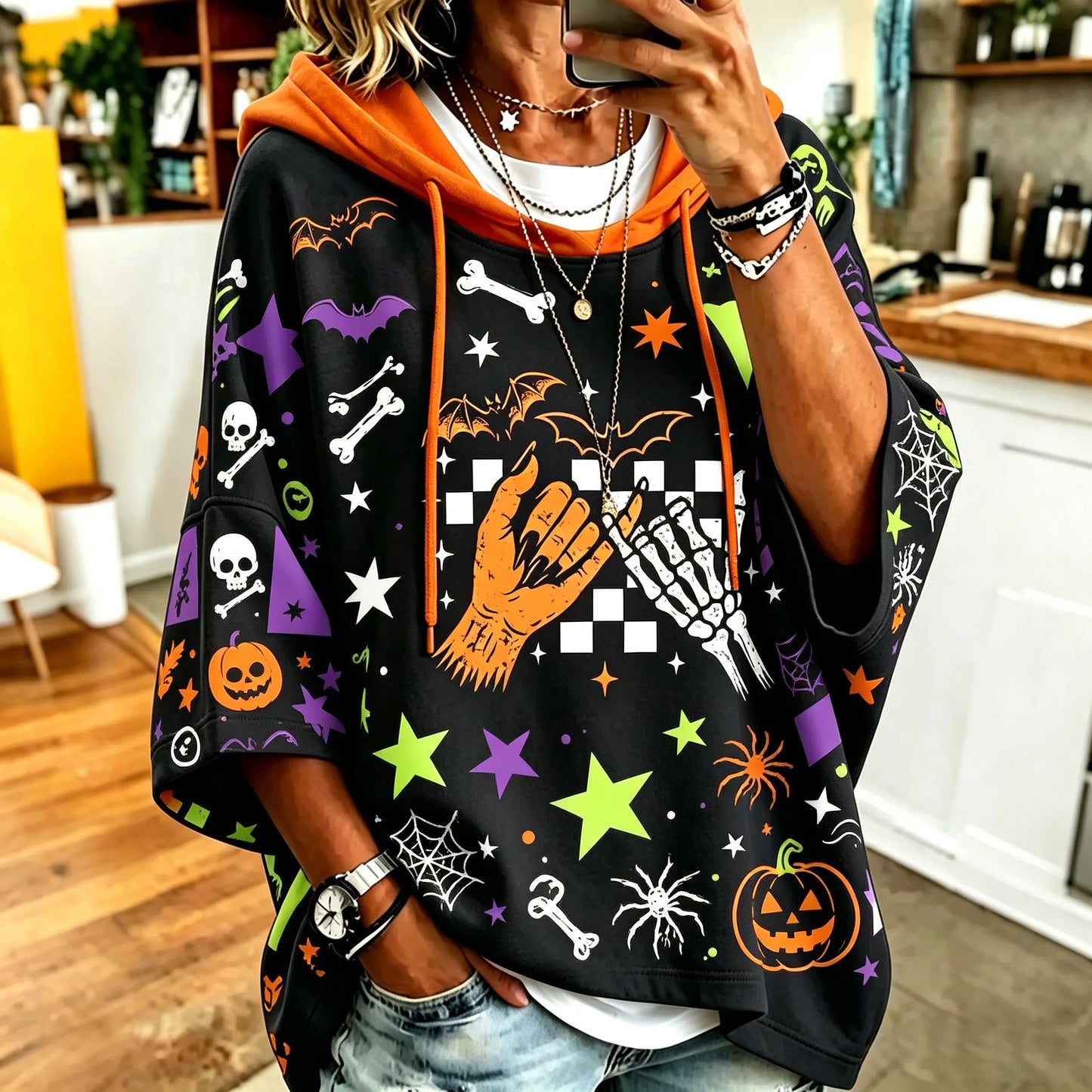 Cardydony Women's Retro Halloween Themed Print Casual Hooded Sweatshirt