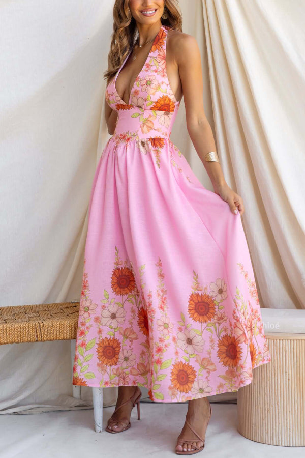 Cardydony Women's Sunflower Print V-neck Fitted Waist Elegant Maxi Dress