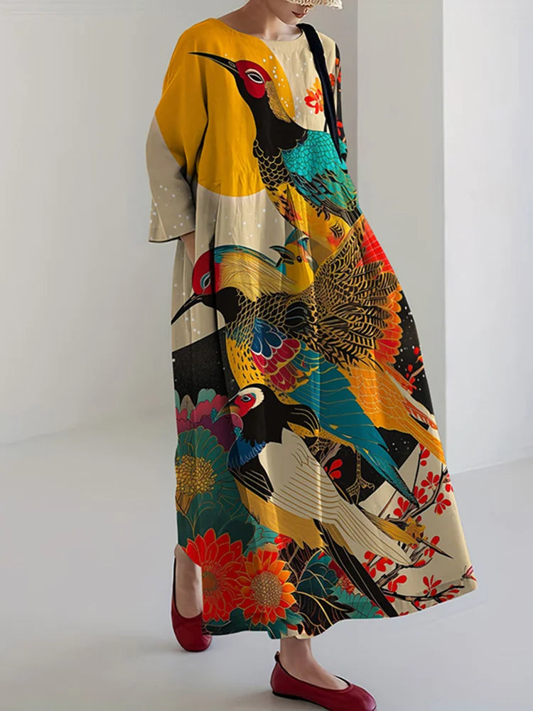 Cardydony Women's Retro Japanese Floral And Bird Art Print Midi Dress