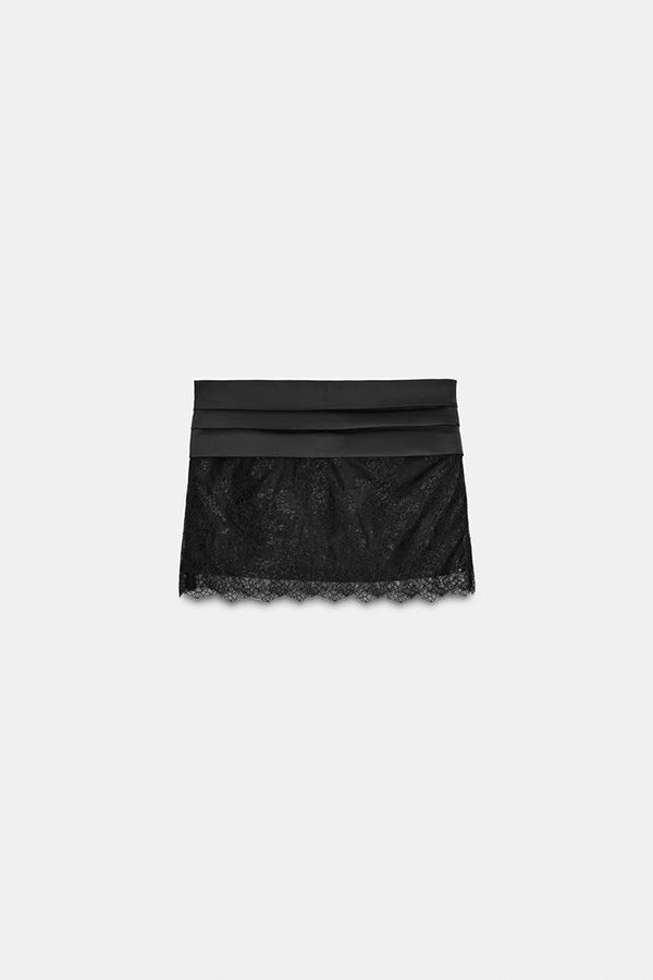 Cardydony Women's Anna Satin Bow Appliqué Mid Rise Lace Hem Mini Skirt