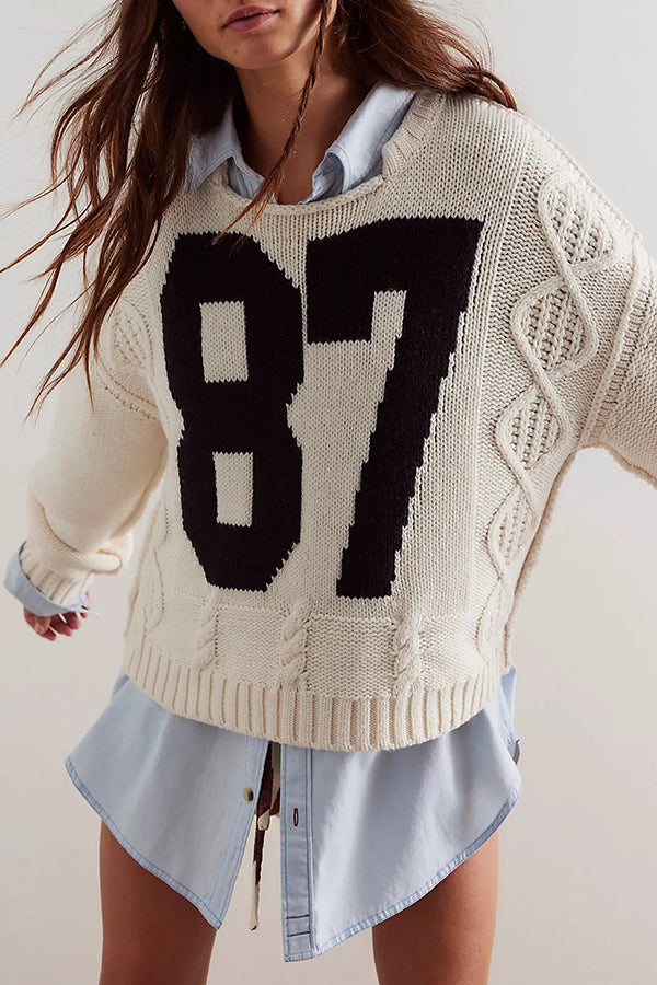 Cardydony Women's Fashionable Digital Jacquard Loose Long-sleeved Knit Sweater