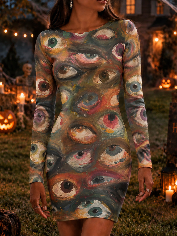 Cardydony Women's Halloween Horror Eye Print Crew Neck Slim Fit Dress