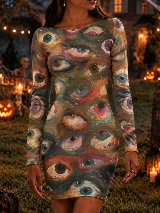 Cardydony Women's Halloween Horror Eye Print Crew Neck Slim Fit Dress