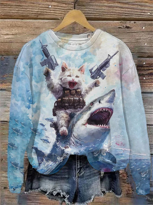 Cardydony Women's Casual Ocean Shark Funny Black Cat Print Sweatshirt
