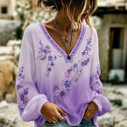Cardydony Women's Vintage Floral Print Gradient Long Sleeve Linen T-shirt