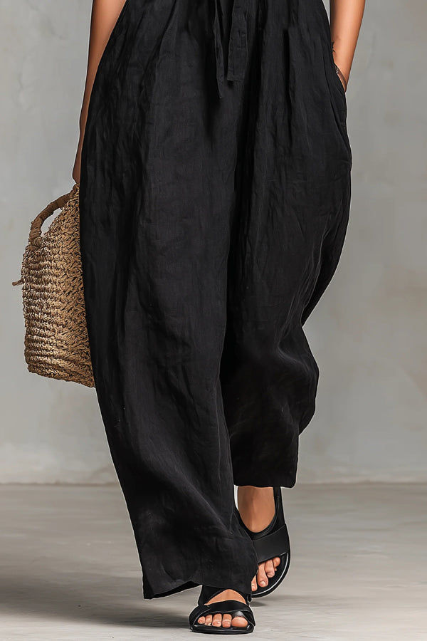 Cardydony Women's Linen Blend Sleeveless Off-shoulder Pleated Drawstring Loose Pocket Jumpsuit