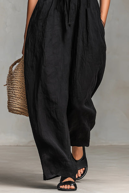 Cardydony Women's Linen Blend Sleeveless Off-shoulder Pleated Drawstring Loose Pocket Jumpsuit