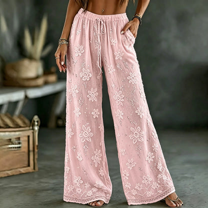 Cardydony Women's White Rose Art Embroidered Linen Blend Pants
