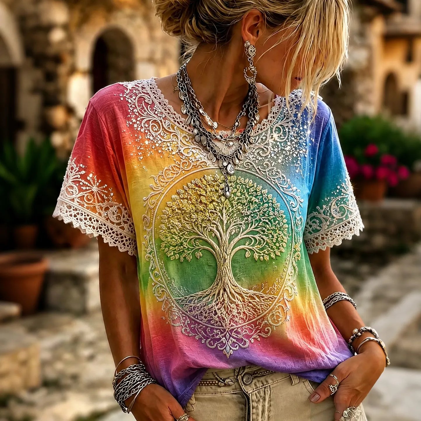 Cardydony Women's Retro Tree Of Life Gradient Print Crew Neck T-shirt