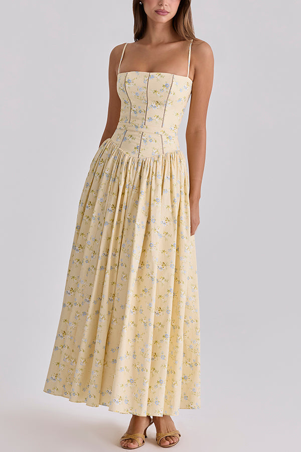 Cardydony Women's Romantic Countryside Stretch Cotton Blend Floral Print Cutout Trim Slip Midi Dress