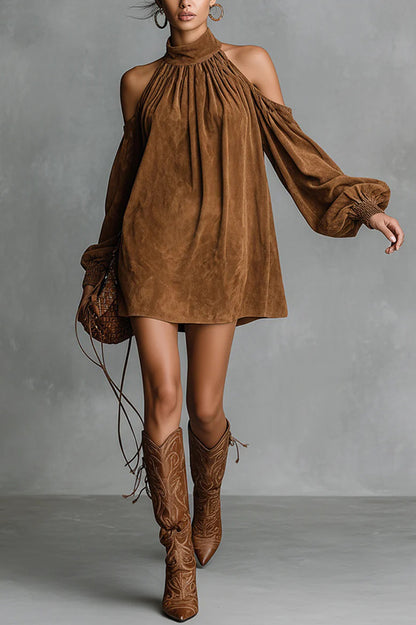 Cardydony Women's Stylish Off-shoulder Lantern-sleeved Suede Loose Mini Dress