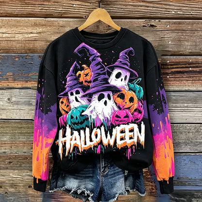 Cardydony Women's Halloween Pattern Crew Neck Sweatshirt - Ghost And Witch Hat Pumpkin Print Pullover