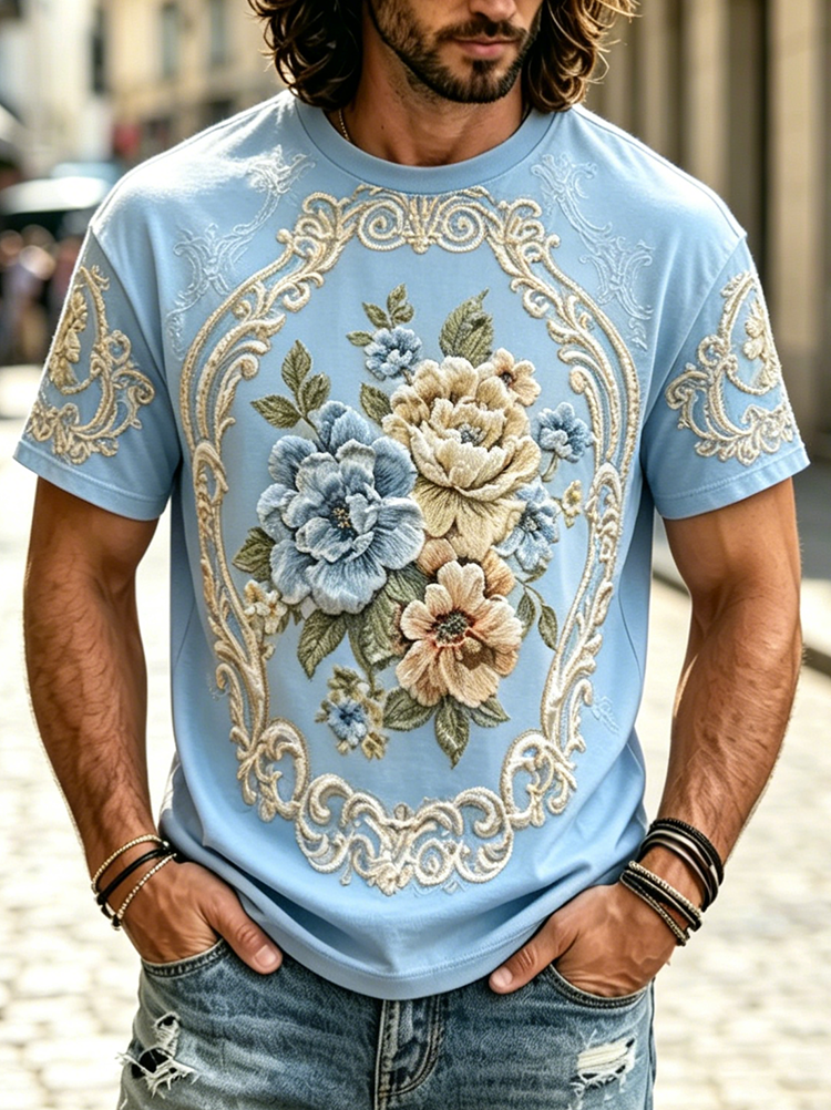Cardydony Men's Retro Embossed Floral Short-sleeve T-shirt