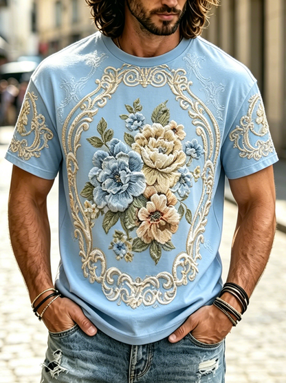 Cardydony Men's Retro Embossed Floral Short-sleeve T-shirt