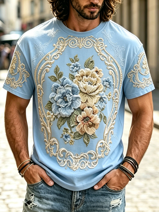 Cardydony Men's Retro Embossed Floral Short-sleeve T-shirt