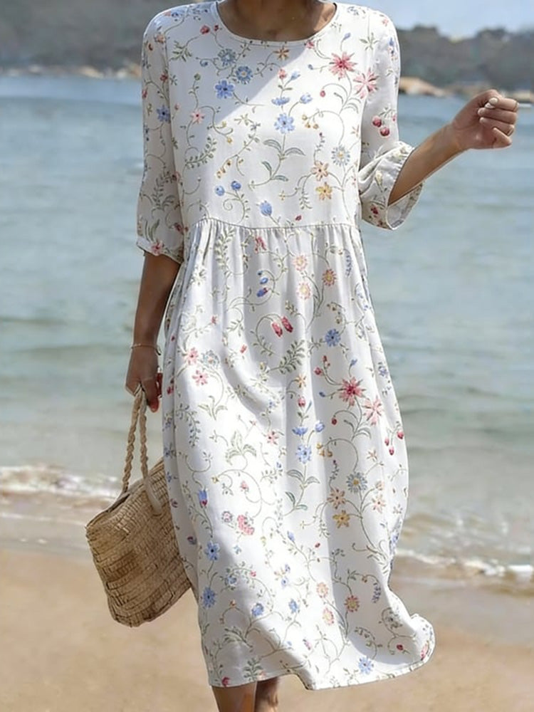Cardydony Women's Floral Art Print Linen Blend Casual Dress