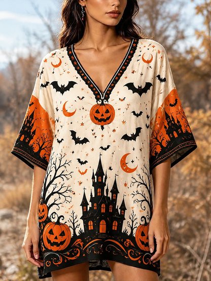 Cardydony Women's V-neck Loose-fit Mini Dress/cover-up With Halloween Festive Print: Haunted Mansion, Jack-o'-lantern, Bats, And Moons