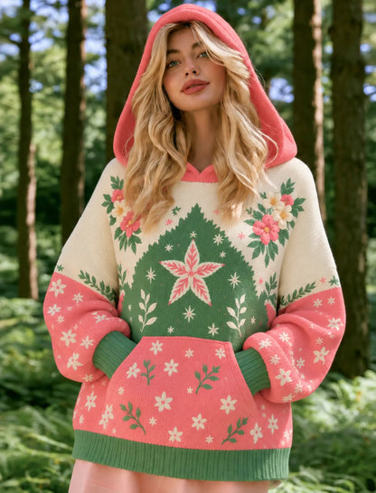 Cardydony Women's Cute Floral Snowflake Pattern Oversized Hooded Knit Sweater With Kangaroo Pocket