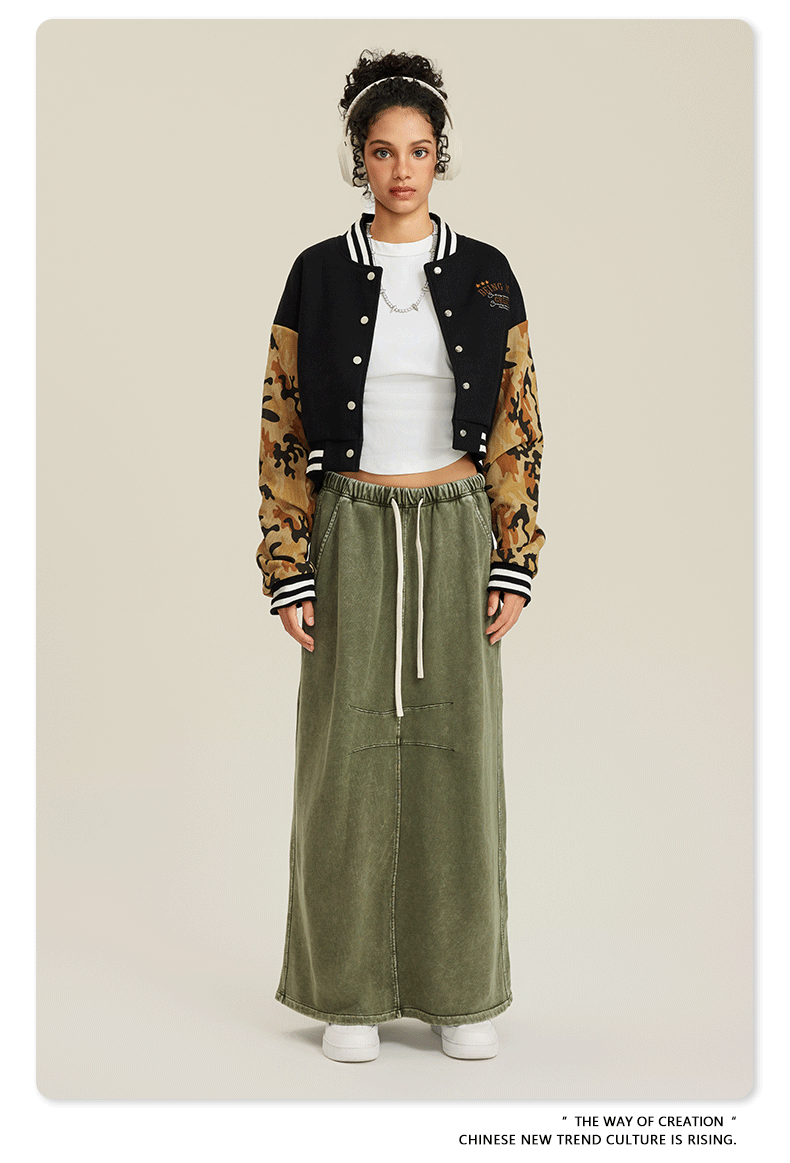 Cardydony Women's Cropped Varsity Jacket | Camo Sleeve Street Style