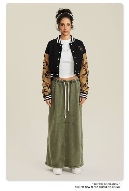 Cardydony Women's Cropped Varsity Jacket | Camo Sleeve Street Style