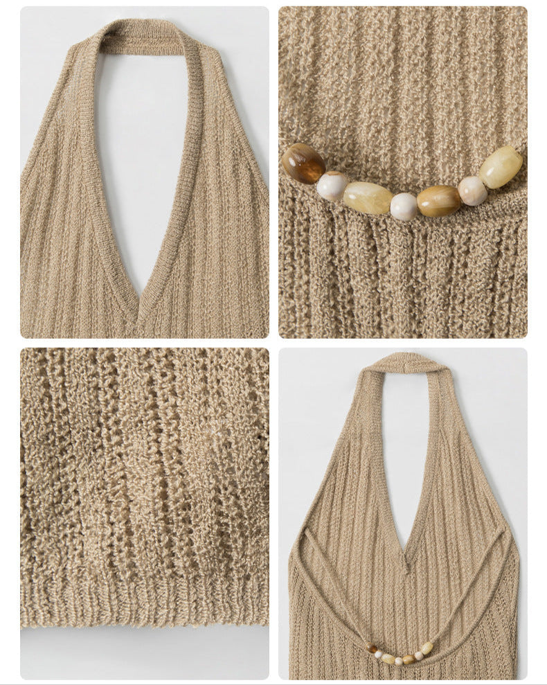 Cardydony Women's White Tank Top｜Commuter Style Knit Halter Neck Slim Fit