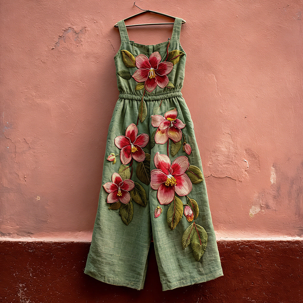 Cardydony Women's Vintage Hibiscus Print Casual Linen-blend Jumpsuit