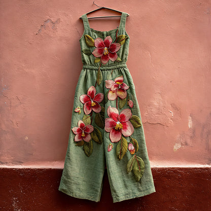 Cardydony Women's Vintage Hibiscus Print Casual Linen-blend Jumpsuit
