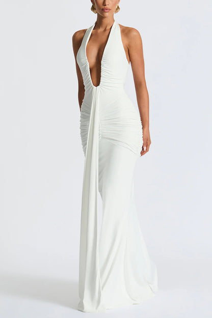 Cardydony Women's Solid Color Elegant Halterneck V-neck Open Back Tie Gathered Maxi Dress