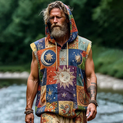 Cardydony Men's Retro Hippie Patchwork Sun Peace Print Cotton Linen Hooded Tank Top
