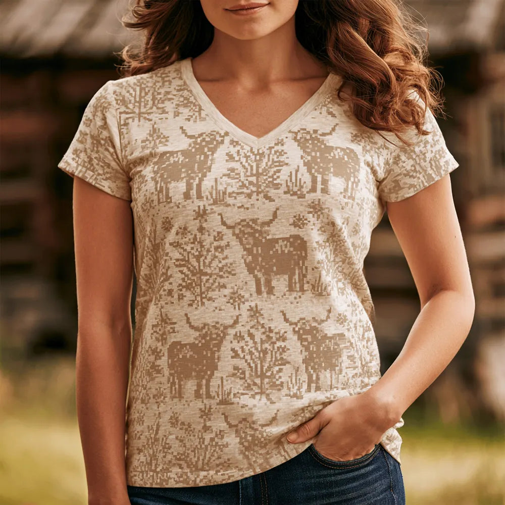 Cardydony Women's Light Khaki Western Cow Graphic V-neck Tee, Retro Pixel Bull & Cactus Print Country Farm Casual Summer Top
