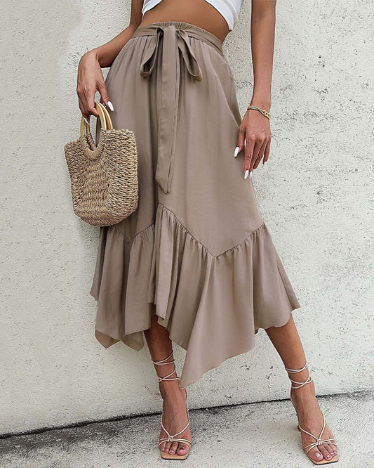 Cardydony Women's Ruffled High Waist Midi Skirt | Asymmetrical Hem Flowy Skirt