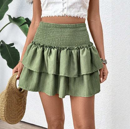 Cardydony Women's Smocked Ruffle Mini Skirt | High-Waist Layered Skirt