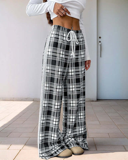 Cardydony Women's Plaid Wide-Leg Lounge Pants | Drawstring High-Waist